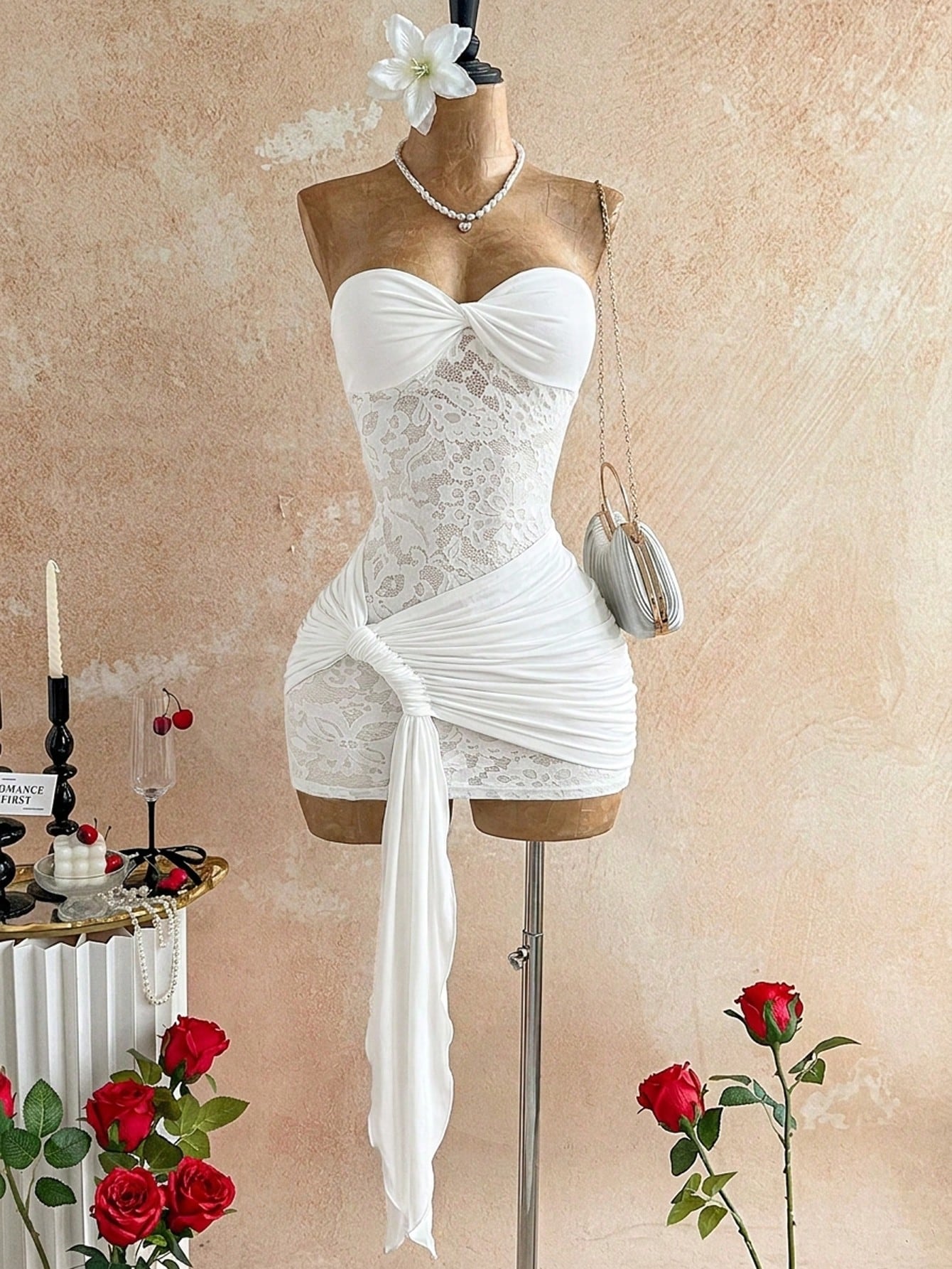 Soleia White Elegant Summer Party Lace Twist Bandeau Sheer Drawstring Hem Bodycon Mini Dress,Boho Vintage Style For Banquet,Vacation,Holiday,Beach,Cruise