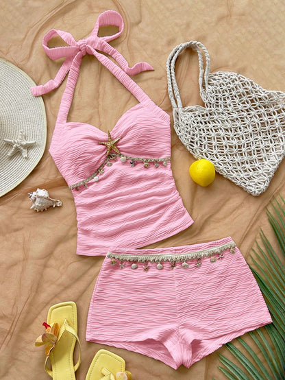 Soleia Women's Backless Halter Top And Shorts 2 Pieces Set, Vacation Outfit No Chest Padding