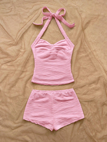 Soleia Women's Backless Halter Top And Shorts 2 Pieces Set, Vacation Outfit No Chest Padding