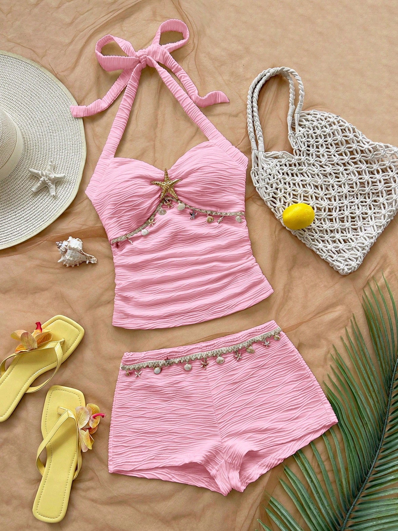 Soleia Women's Backless Halter Top And Shorts 2 Pieces Set, Vacation Outfit No Chest Padding