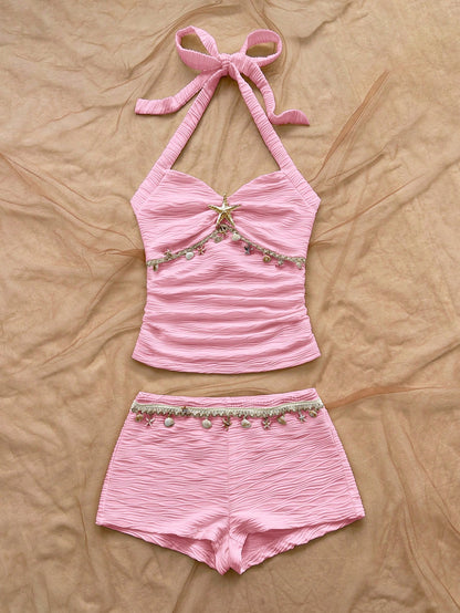 Soleia Women's Backless Halter Top And Shorts 2 Pieces Set, Vacation Outfit No Chest Padding