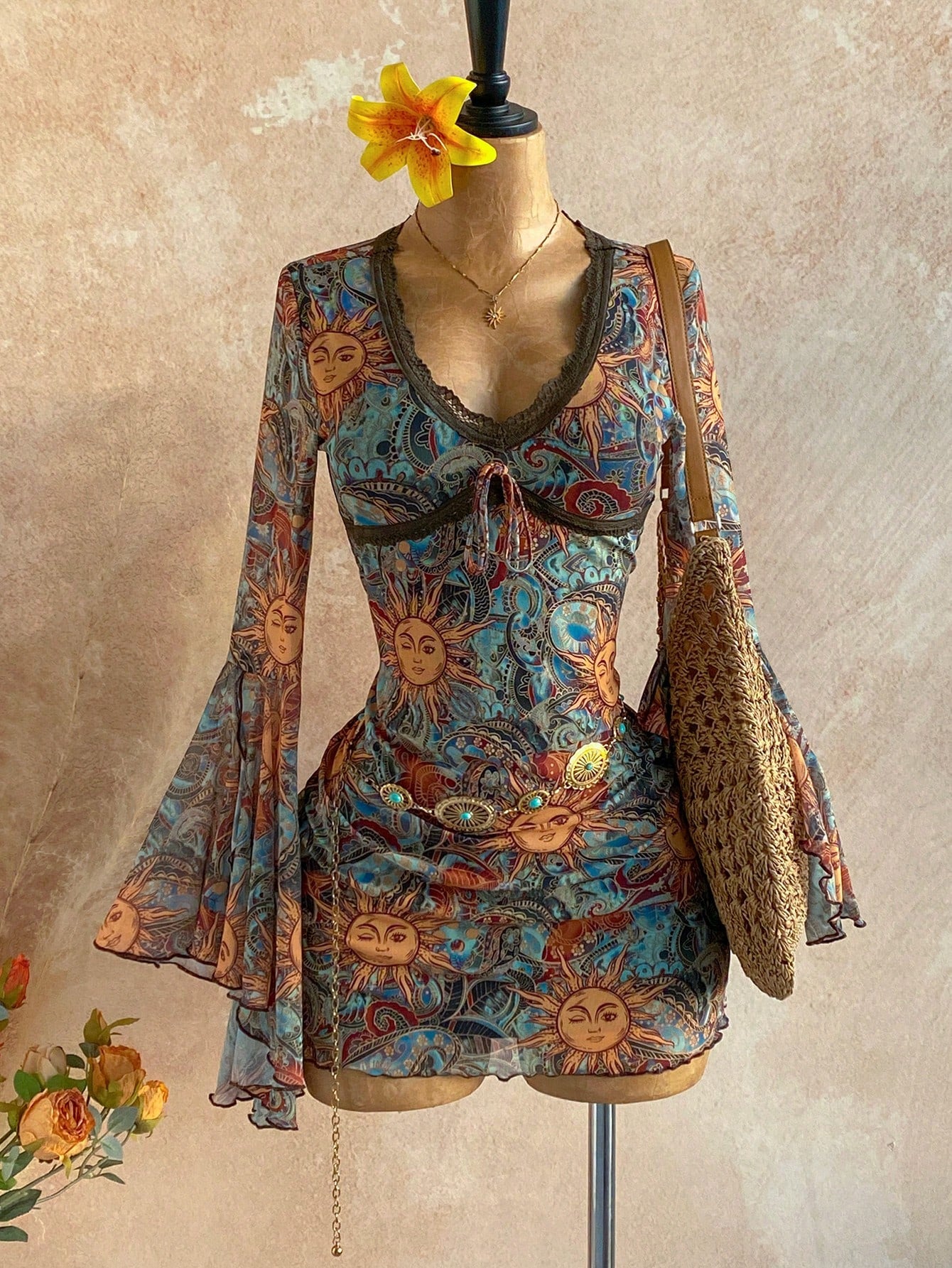 Soleia Women's Dark Blue Vintage Bohemian Mini Dress,V-Neck Floral Lace Trim Bell Sleeve Mesh A-Line Slim Fit Autumn Boho Vacation Holiday Dress Vacation