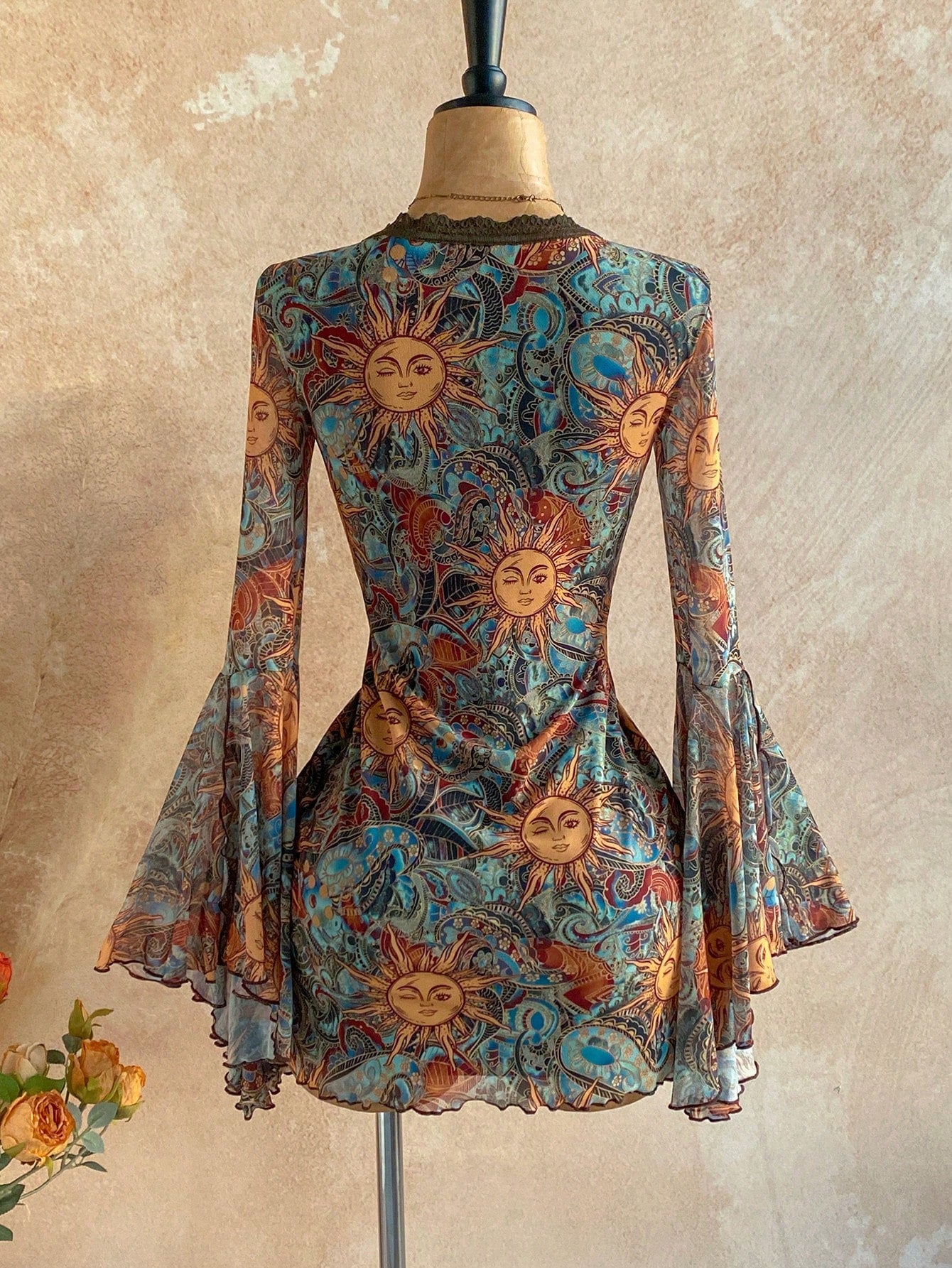 Soleia Women's Dark Blue Vintage Bohemian Mini Dress,V-Neck Floral Lace Trim Bell Sleeve Mesh A-Line Slim Fit Autumn Boho Vacation Holiday Dress Vacation