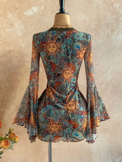 Soleia Women's Dark Blue Vintage Bohemian Mini Dress,V-Neck Floral Lace Trim Bell Sleeve Mesh A-Line Slim Fit Autumn Boho Vacation Holiday Dress Vacation