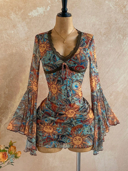 Soleia Women's Dark Blue Vintage Bohemian Mini Dress,V-Neck Floral Lace Trim Bell Sleeve Mesh A-Line Slim Fit Autumn Boho Vacation Holiday Dress Vacation