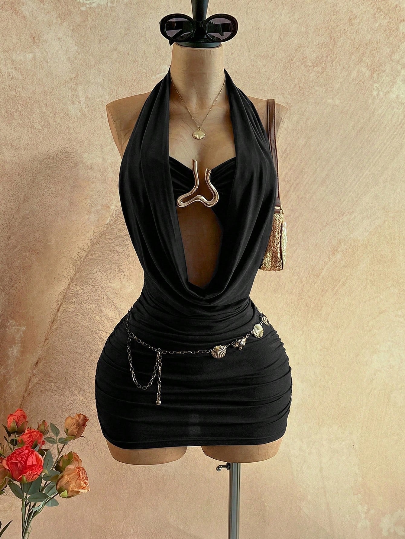Soleia Women's Girly Backless Halter Mini Dress, Solid Color Beach Night Out Club Vacation Style, Summer Party Club Night Out Sexy Black, No Bra Cup