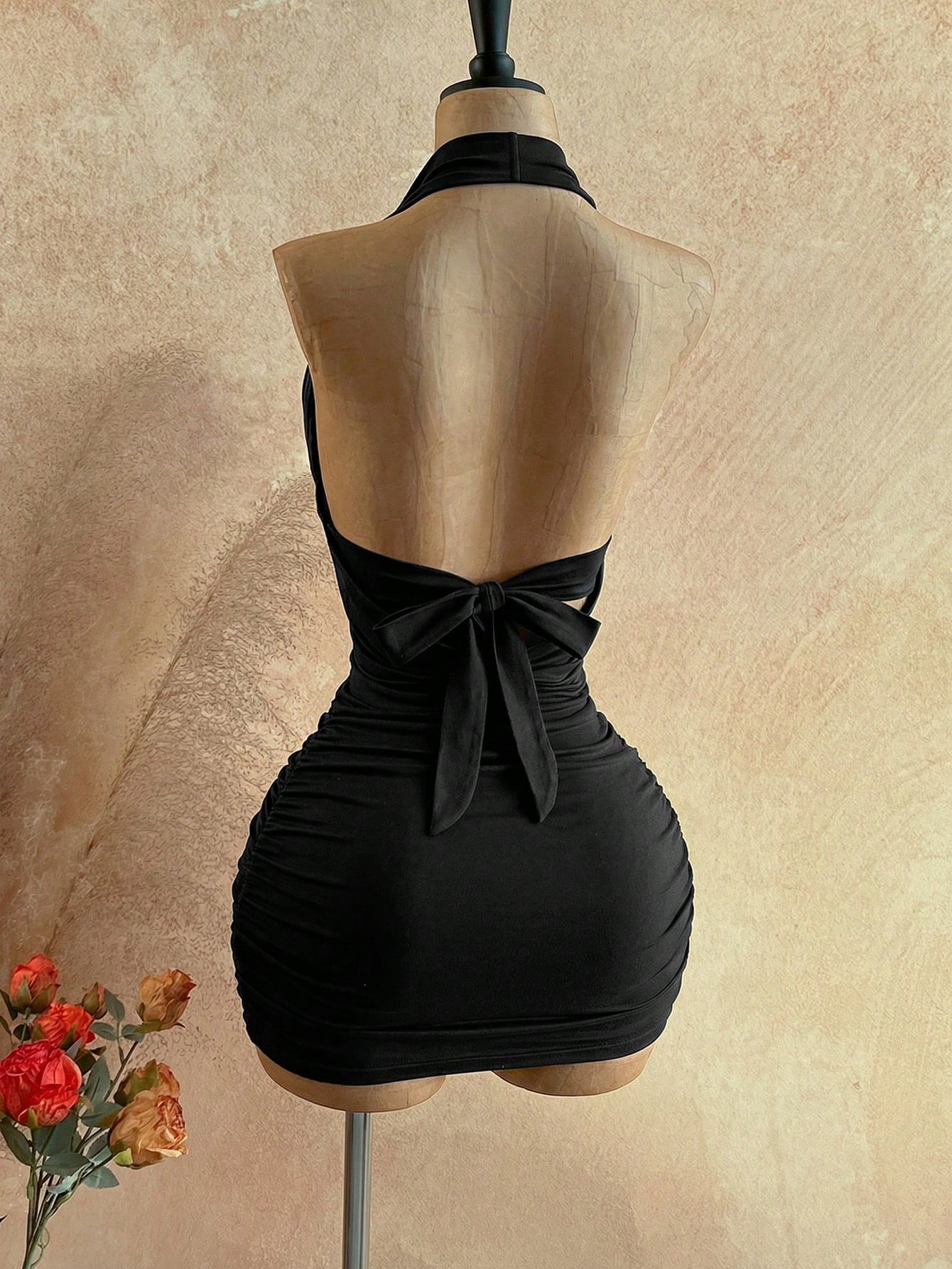 Soleia Women's Girly Backless Halter Mini Dress, Solid Color Beach Night Out Club Vacation Style, Summer Party Club Night Out Sexy Black, No Bra Cup