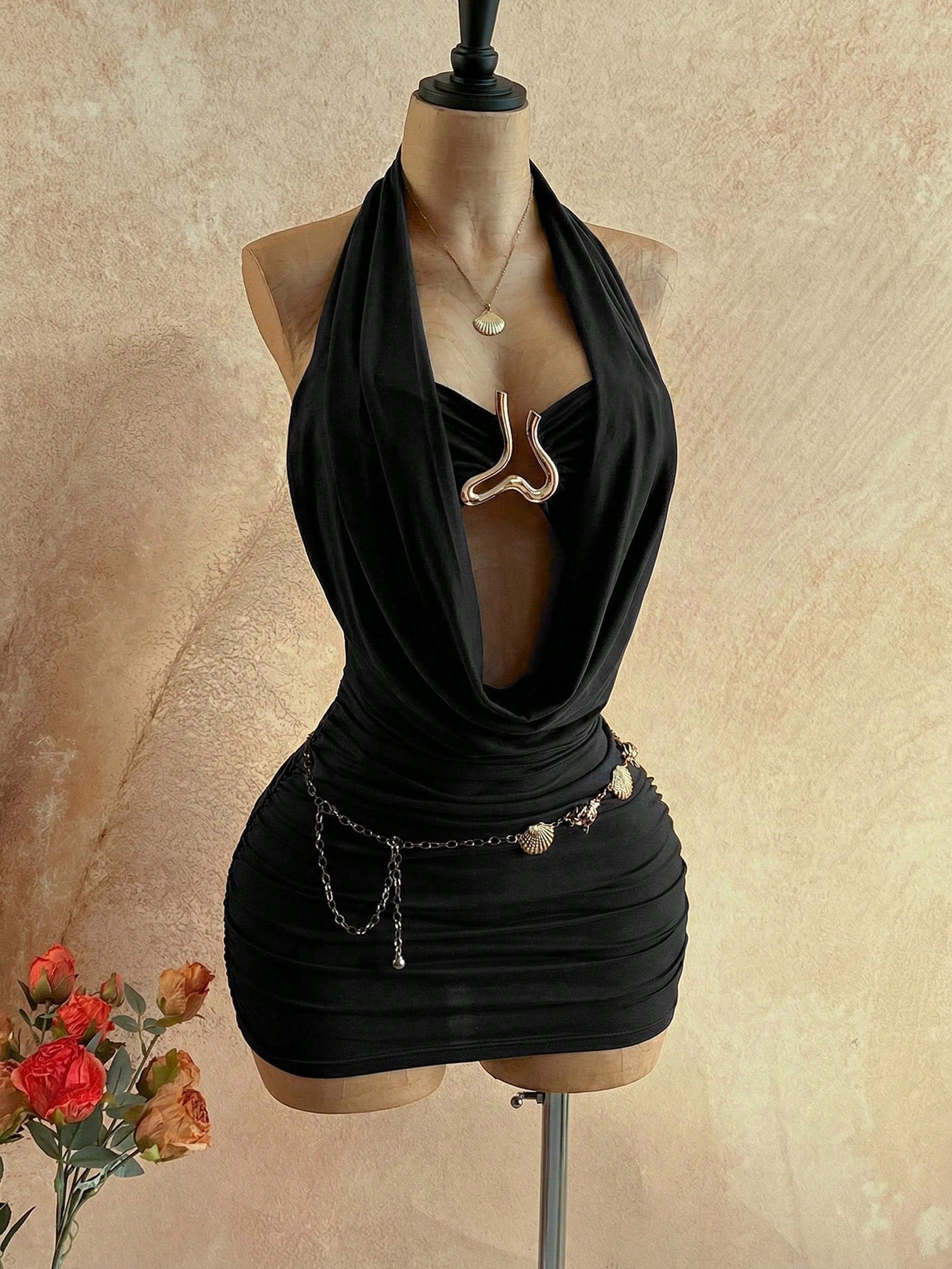 Soleia Women's Girly Backless Halter Mini Dress, Solid Color Beach Night Out Club Vacation Style, Summer Party Club Night Out Sexy Black, No Bra Cup