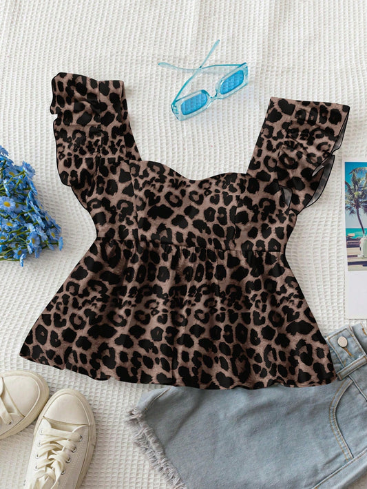 Soleia Women's Leopard Print Square Neck Cap Sleeve Babydoll Blouse,Brown Checkered,Summer,Chic,Holiday,Vacation,Holiday Retro Boho Music Festival Top