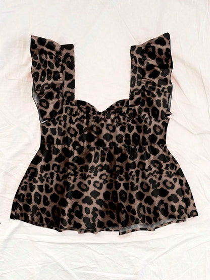 Soleia Women's Leopard Print Square Neck Cap Sleeve Babydoll Blouse,Brown Checkered,Summer,Chic,Holiday,Vacation,Holiday Retro Boho Music Festival Top