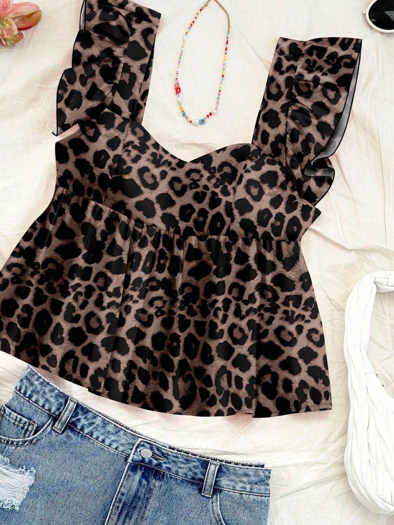 Soleia Women's Leopard Print Square Neck Cap Sleeve Babydoll Blouse,Brown Checkered,Summer,Chic,Holiday,Vacation,Holiday Retro Boho Music Festival Top