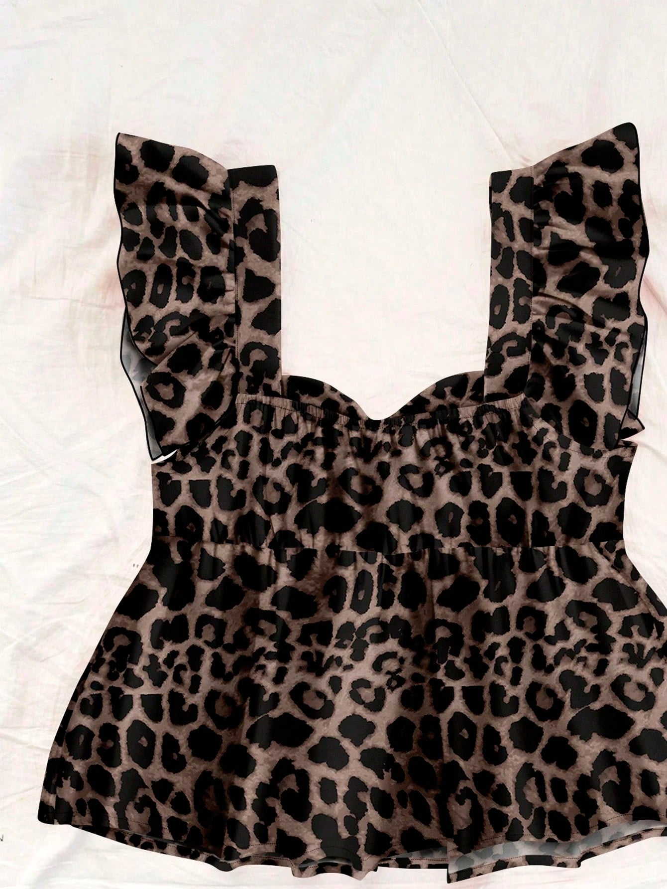 Soleia Women's Leopard Print Square Neck Cap Sleeve Babydoll Blouse,Brown Checkered,Summer,Chic,Holiday,Vacation,Holiday Retro Boho Music Festival Top