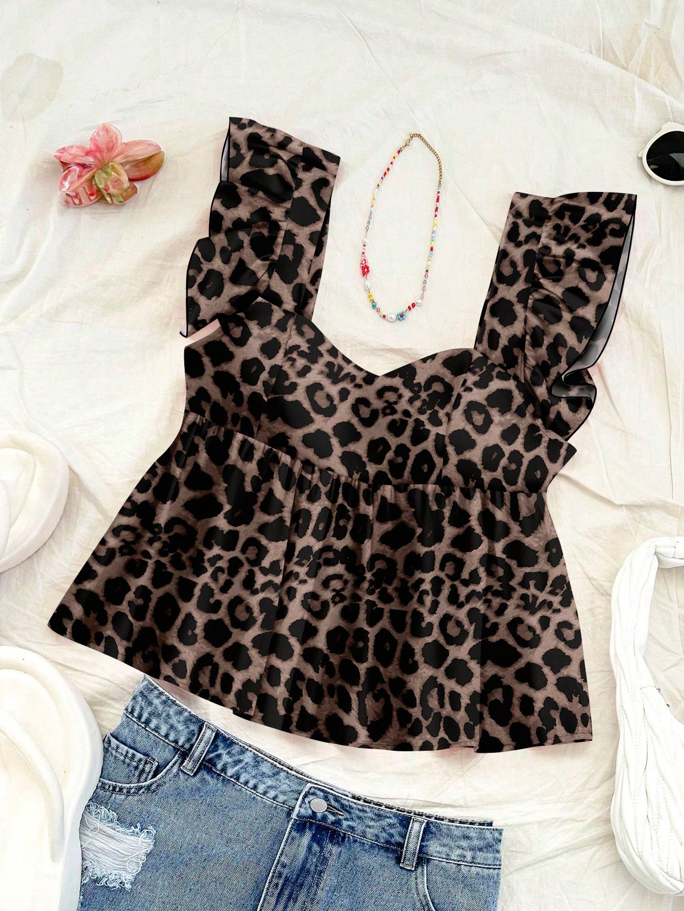 Soleia Women's Leopard Print Square Neck Cap Sleeve Babydoll Blouse,Brown Checkered,Summer,Chic,Holiday,Vacation,Holiday Retro Boho Music Festival Top