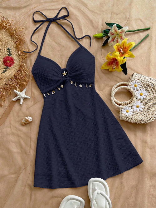 Soleia Women's Navy Blue Mini Dress,Backless Textured Knit Metal Decor A-Line Spaghetti Strap Beach Wedding Guest Gown No Chest Padding