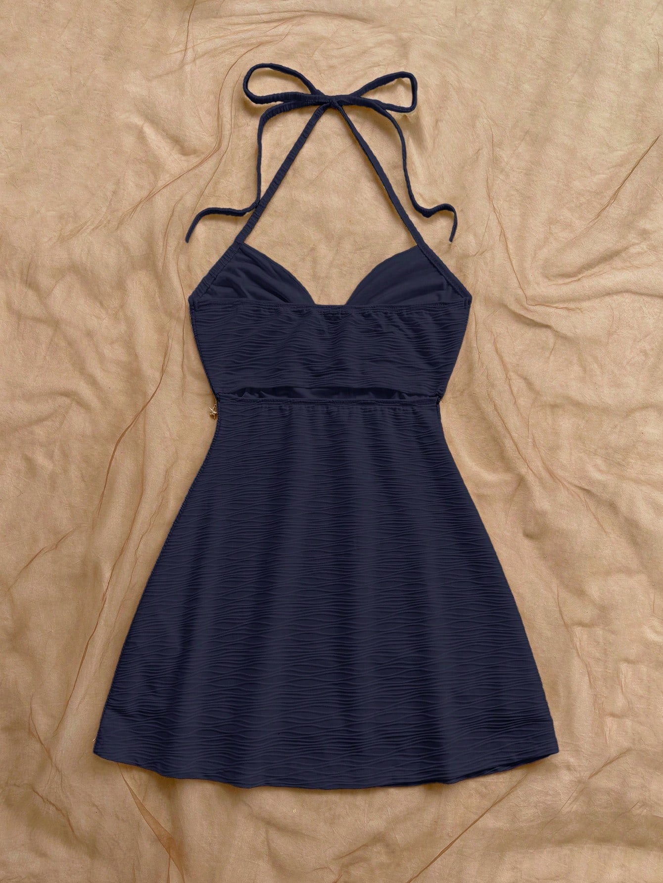 Soleia Women's Navy Blue Mini Dress,Backless Textured Knit Metal Decor A-Line Spaghetti Strap Beach Wedding Guest Gown No Chest Padding