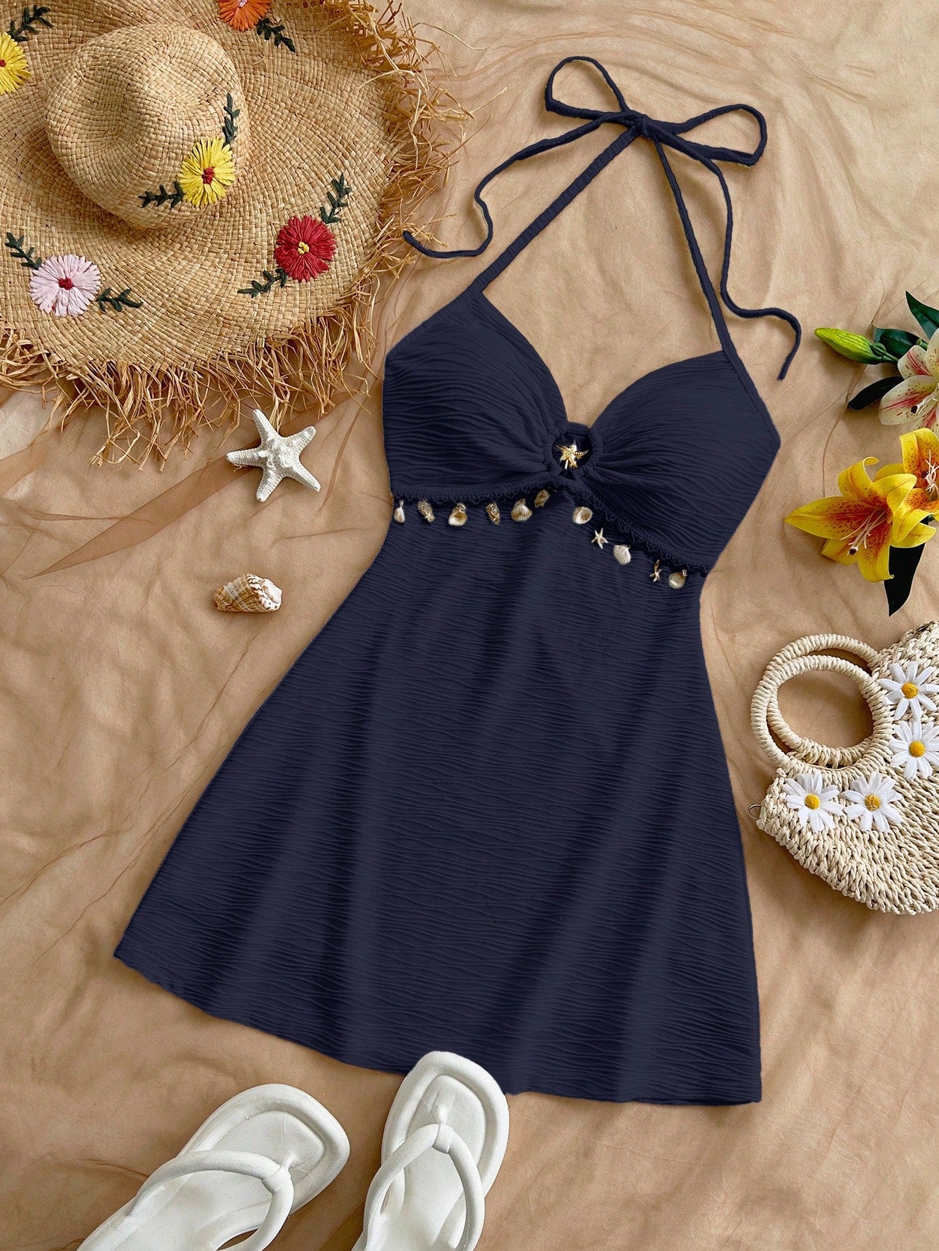 Soleia Women's Navy Blue Mini Dress,Backless Textured Knit Metal Decor A-Line Spaghetti Strap Beach Wedding Guest Gown No Chest Padding