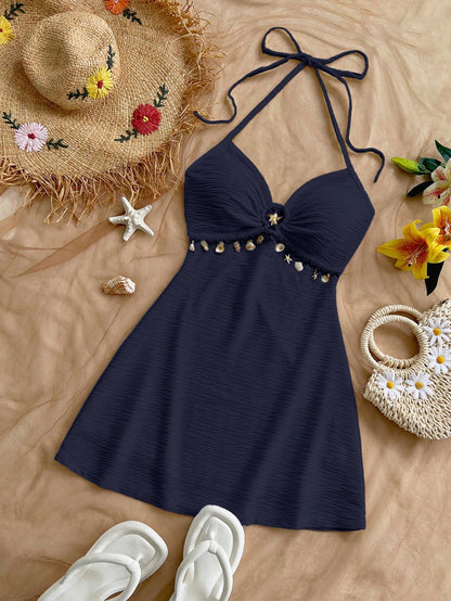 Soleia Women's Navy Blue Mini Dress,Backless Textured Knit Metal Decor A-Line Spaghetti Strap Beach Wedding Guest Gown No Chest Padding