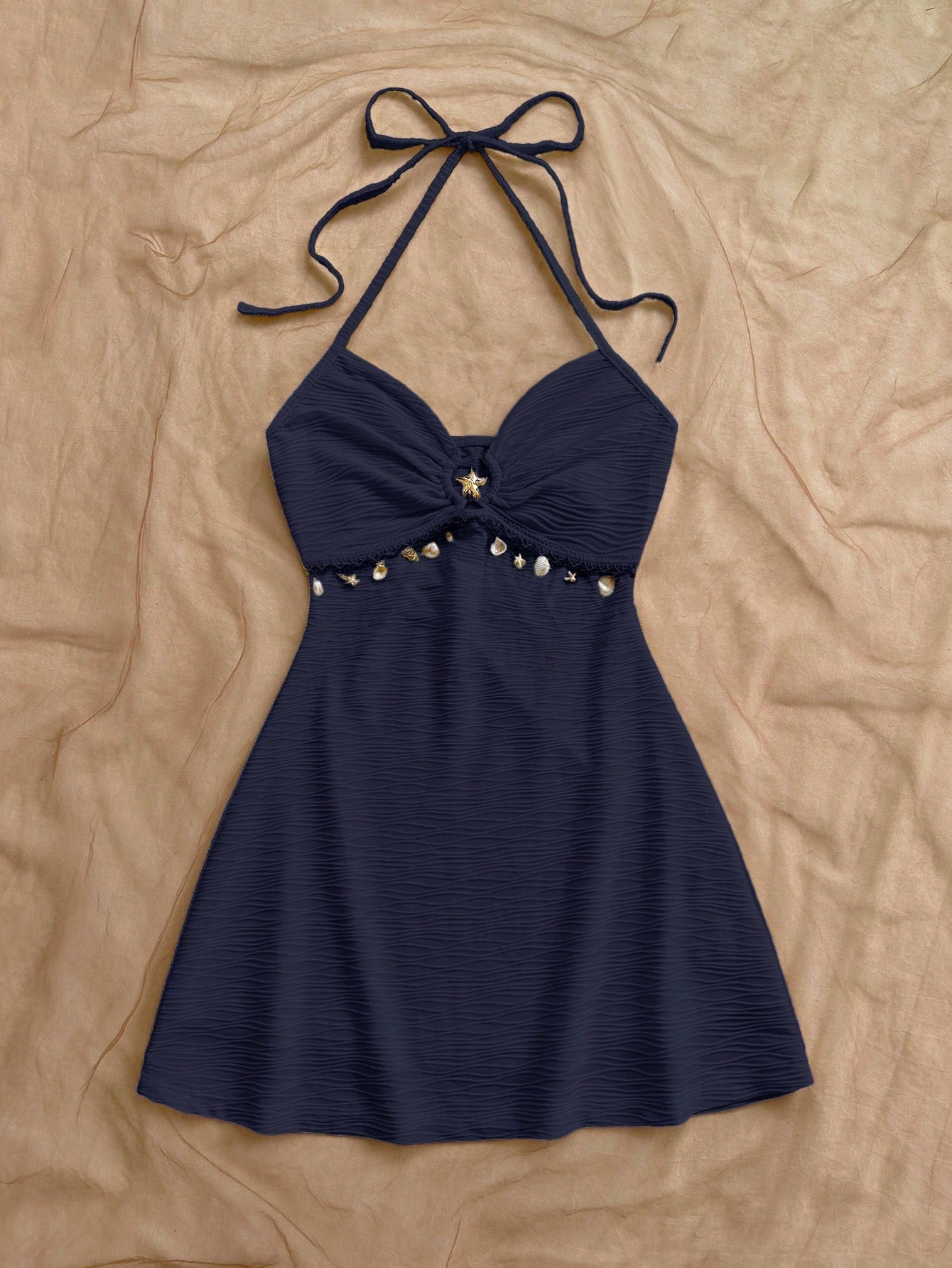 Soleia Women's Navy Blue Mini Dress,Backless Textured Knit Metal Decor A-Line Spaghetti Strap Beach Wedding Guest Gown No Chest Padding