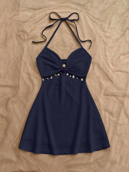 Soleia Women's Navy Blue Mini Dress,Backless Textured Knit Metal Decor A-Line Spaghetti Strap Beach Wedding Guest Gown No Chest Padding