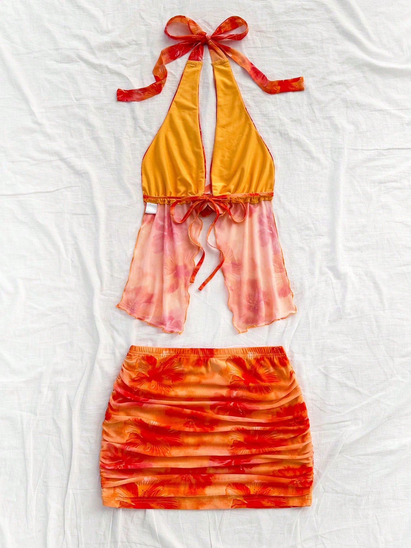 Soleia Women's Retro Tie-Dye Floral Print Mesh Halter Backless Tie-Up Top And Ruched Mini Skirt Set,Orange Red,Summer,Casual,Holiday No Chest Padding