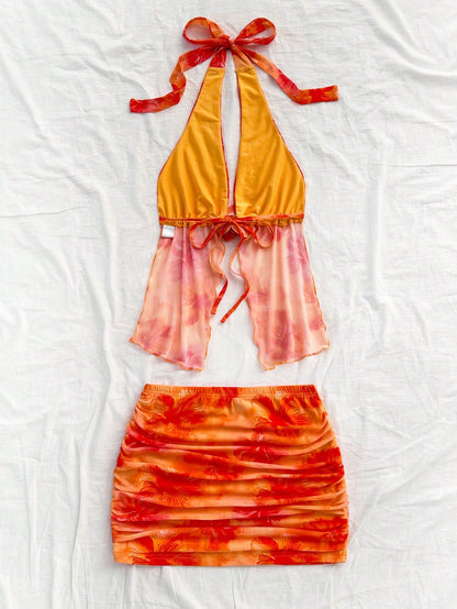 Soleia Women's Retro Tie-Dye Floral Print Mesh Halter Backless Tie-Up Top And Ruched Mini Skirt Set,Orange Red,Summer,Casual,Holiday No Chest Padding
