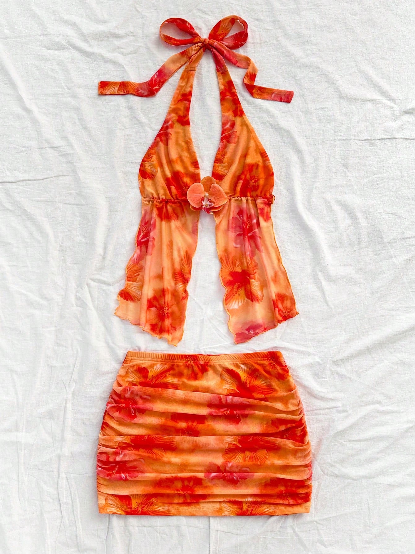 Soleia Women's Retro Tie-Dye Floral Print Mesh Halter Backless Tie-Up Top And Ruched Mini Skirt Set,Orange Red,Summer,Casual,Holiday No Chest Padding