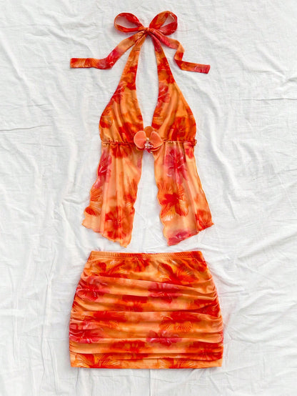 Soleia Women's Retro Tie-Dye Floral Print Mesh Halter Backless Tie-Up Top And Ruched Mini Skirt Set,Orange Red,Summer,Casual,Holiday No Chest Padding