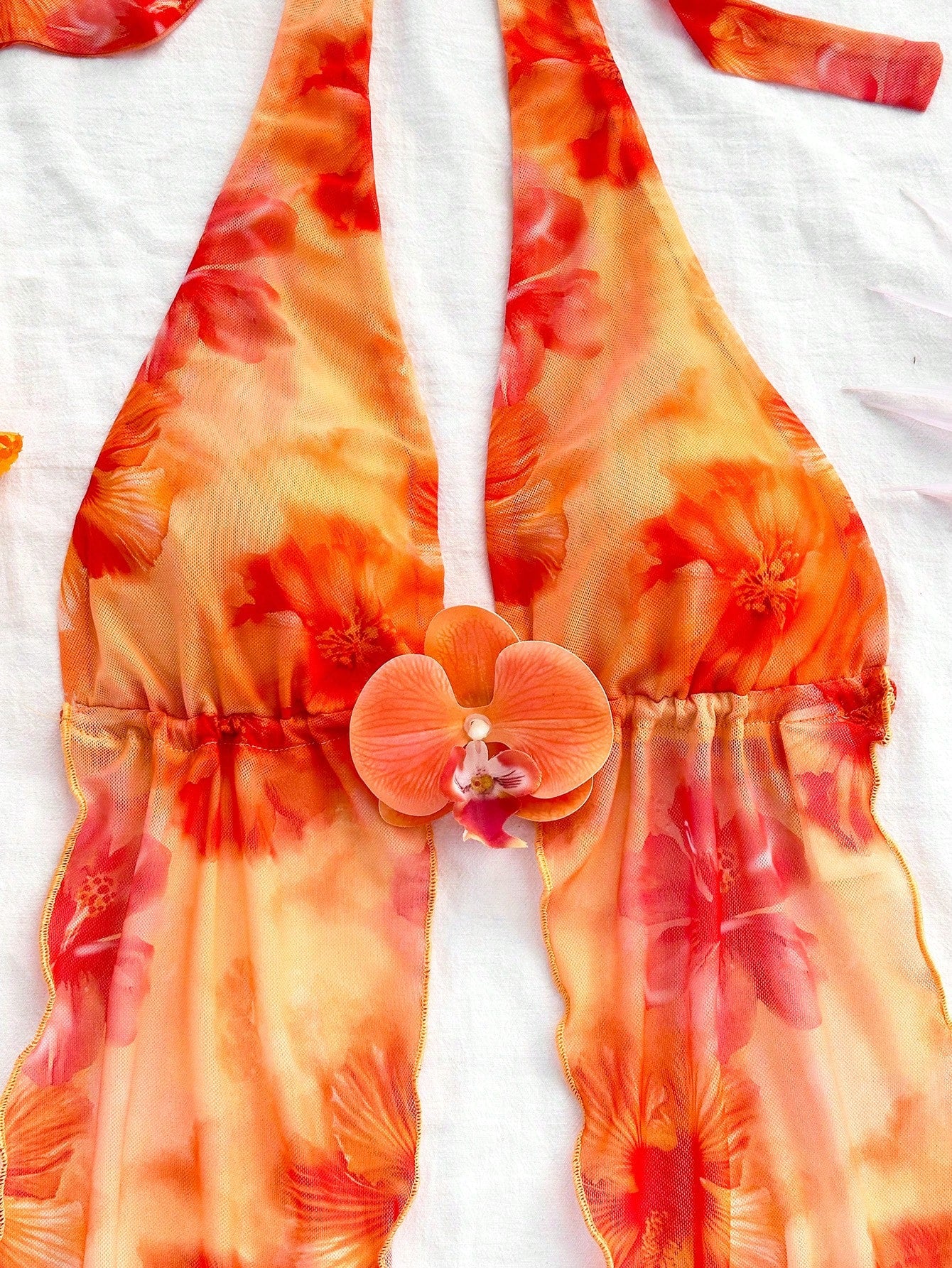Soleia Women's Retro Tie-Dye Floral Print Mesh Halter Backless Tie-Up Top And Ruched Mini Skirt Set,Orange Red,Summer,Casual,Holiday No Chest Padding
