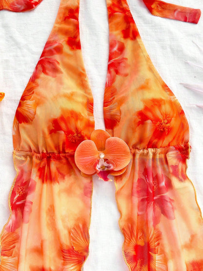Soleia Women's Retro Tie-Dye Floral Print Mesh Halter Backless Tie-Up Top And Ruched Mini Skirt Set,Orange Red,Summer,Casual,Holiday No Chest Padding