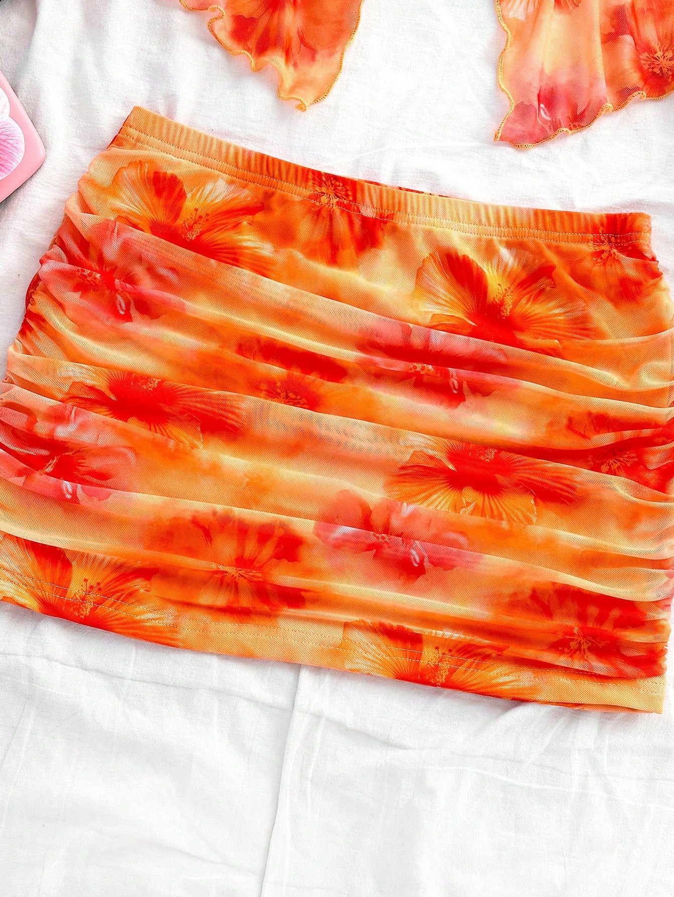 Soleia Women's Retro Tie-Dye Floral Print Mesh Halter Backless Tie-Up Top And Ruched Mini Skirt Set,Orange Red,Summer,Casual,Holiday No Chest Padding