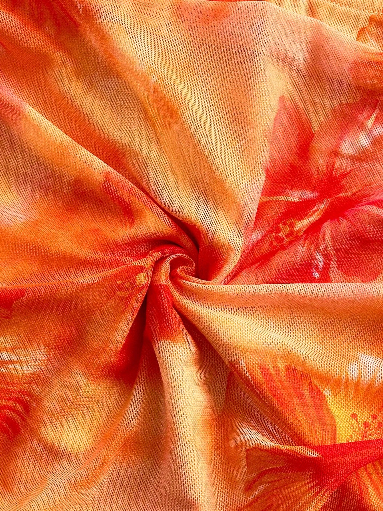 Soleia Women's Retro Tie-Dye Floral Print Mesh Halter Backless Tie-Up Top And Ruched Mini Skirt Set,Orange Red,Summer,Casual,Holiday No Chest Padding