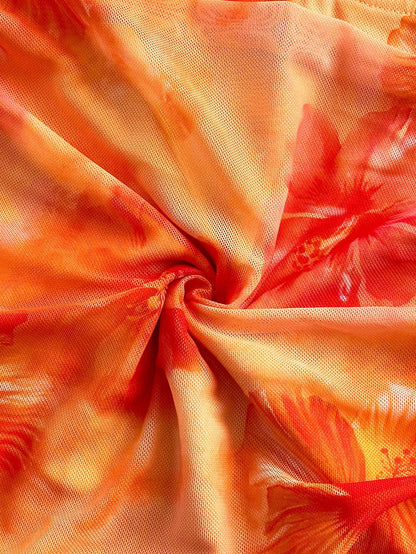 Soleia Women's Retro Tie-Dye Floral Print Mesh Halter Backless Tie-Up Top And Ruched Mini Skirt Set,Orange Red,Summer,Casual,Holiday No Chest Padding