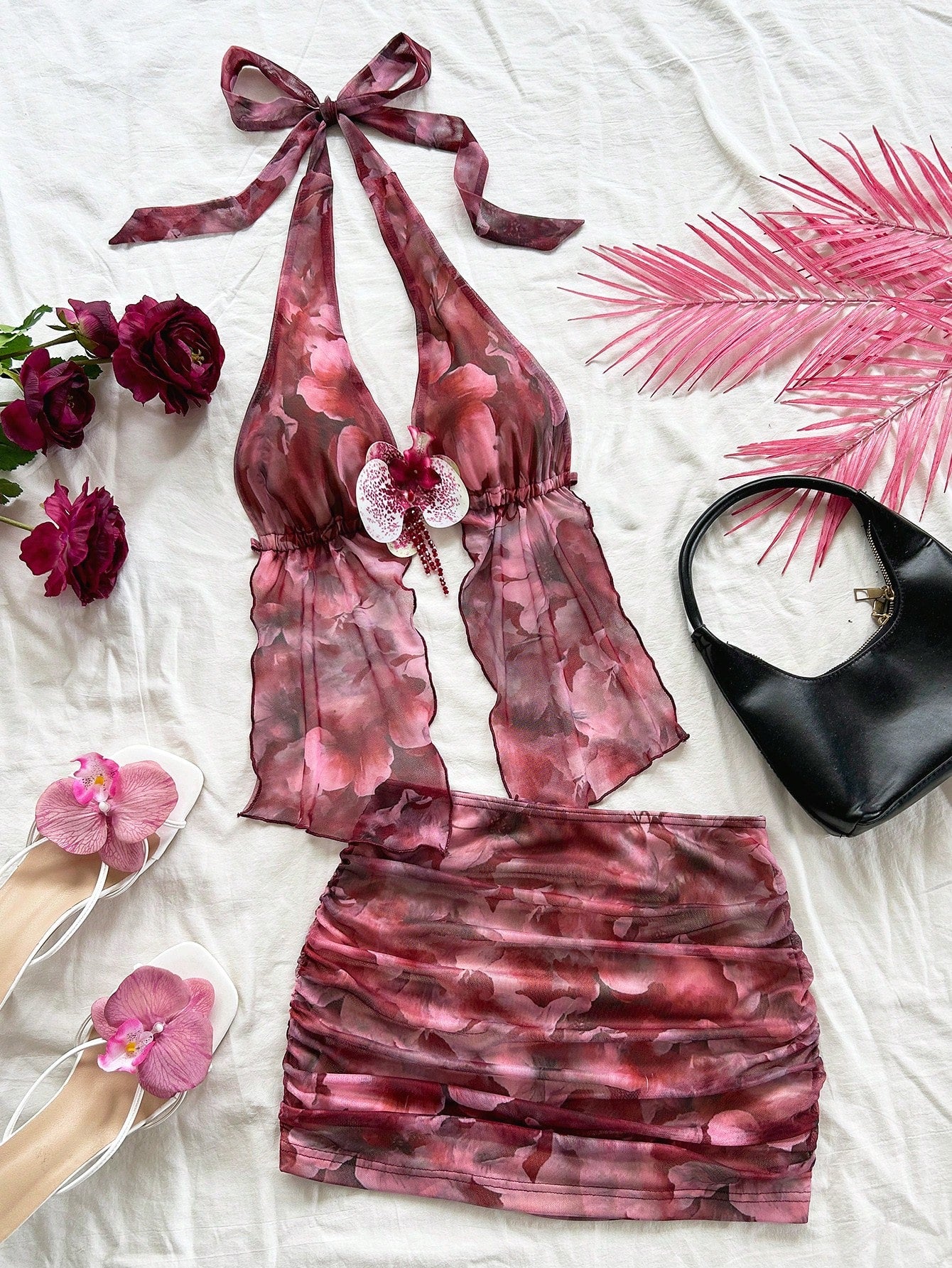 Soleia Women's Retro Tie-Dye Floral Print Mesh Halter Backless Tie-Up Top And Ruched Mini Skirt Set,Orange Red,Summer,Casual,Holiday No Chest Padding
