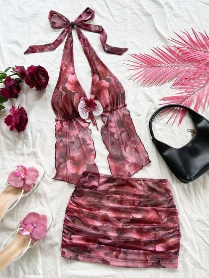 Soleia Women's Retro Tie-Dye Floral Print Mesh Halter Backless Tie-Up Top And Ruched Mini Skirt Set,Orange Red,Summer,Casual,Holiday No Chest Padding