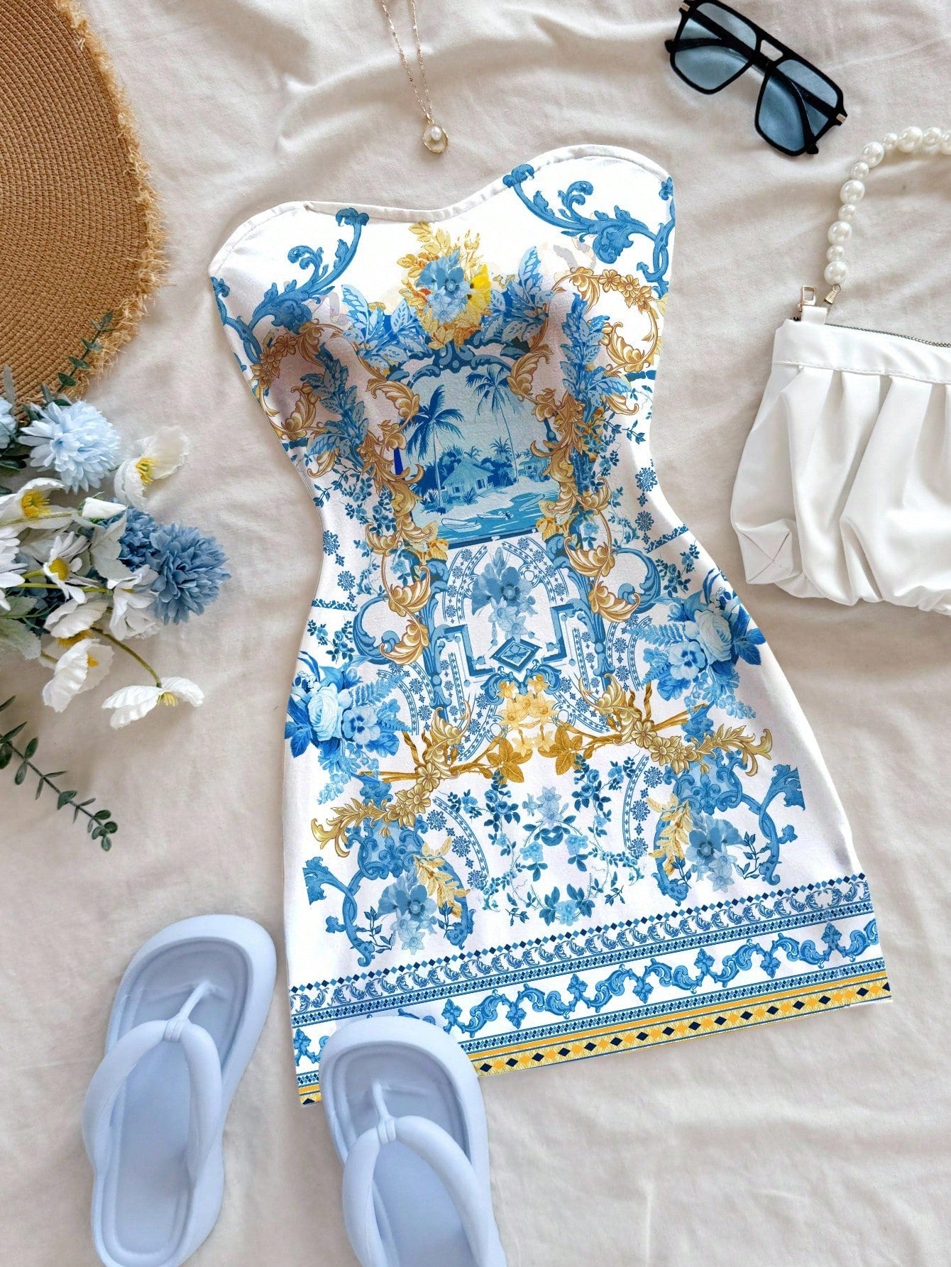 Soleia Women's Strapless White And Gold Knitted Mini Dress,Elegant Sexy Jamaican Tropical Baroque Scenic Print,Sleeveless Summer Flared Holiday Vacation Chic
