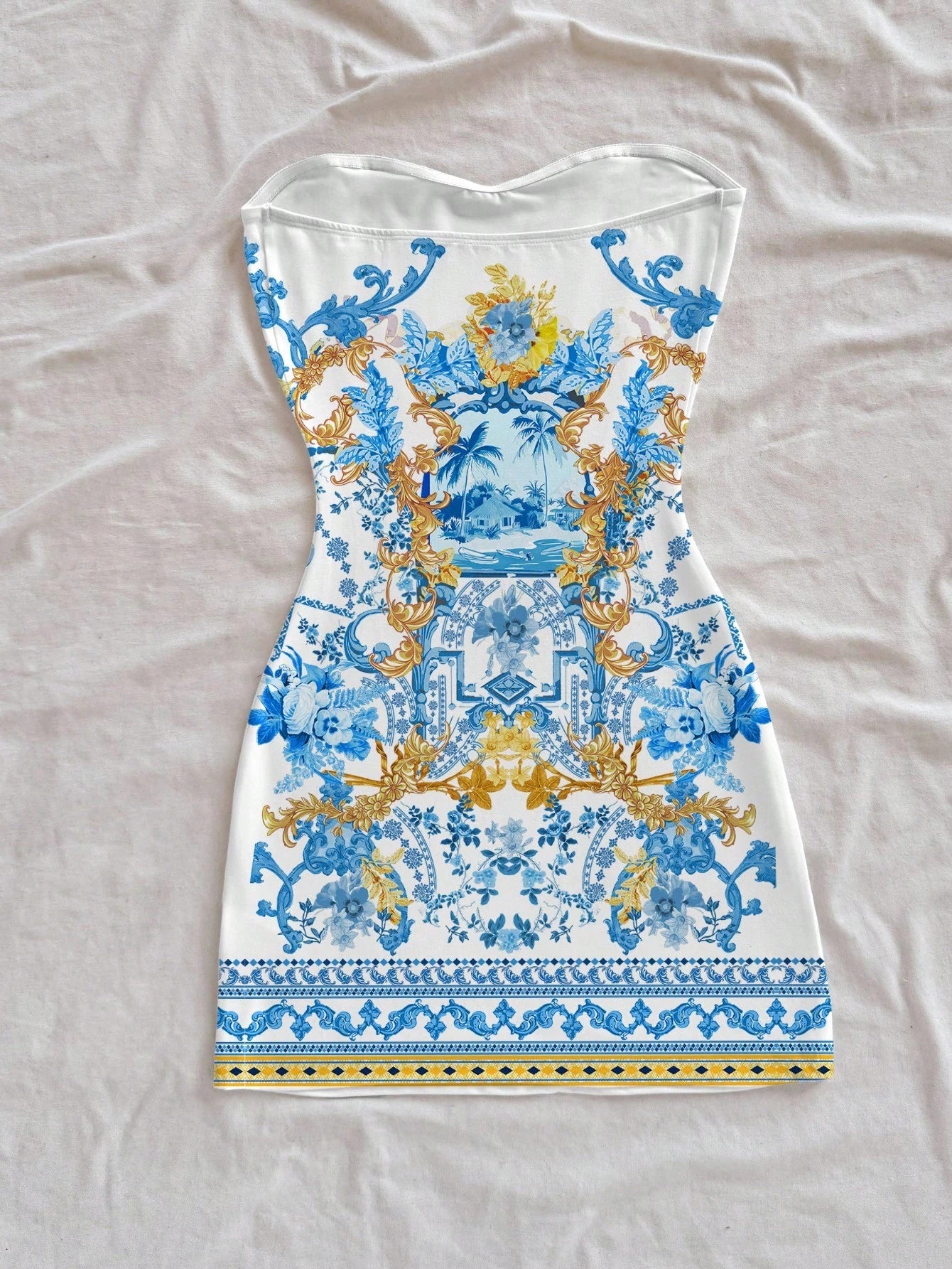 Soleia Women's Strapless White And Gold Knitted Mini Dress,Elegant Sexy Jamaican Tropical Baroque Scenic Print,Sleeveless Summer Flared Holiday Vacation Chic