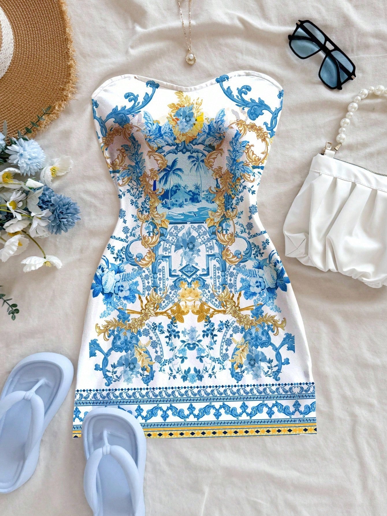 Soleia Women's Strapless White And Gold Knitted Mini Dress,Elegant Sexy Jamaican Tropical Baroque Scenic Print,Sleeveless Summer Flared Holiday Vacation Chic