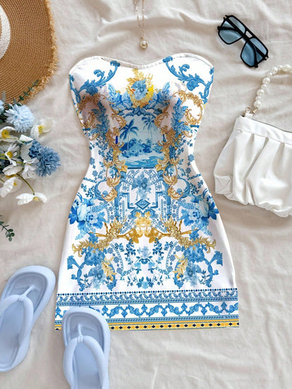 Soleia Women's Strapless White And Gold Knitted Mini Dress,Elegant Sexy Jamaican Tropical Baroque Scenic Print,Sleeveless Summer Flared Holiday Vacation Chic