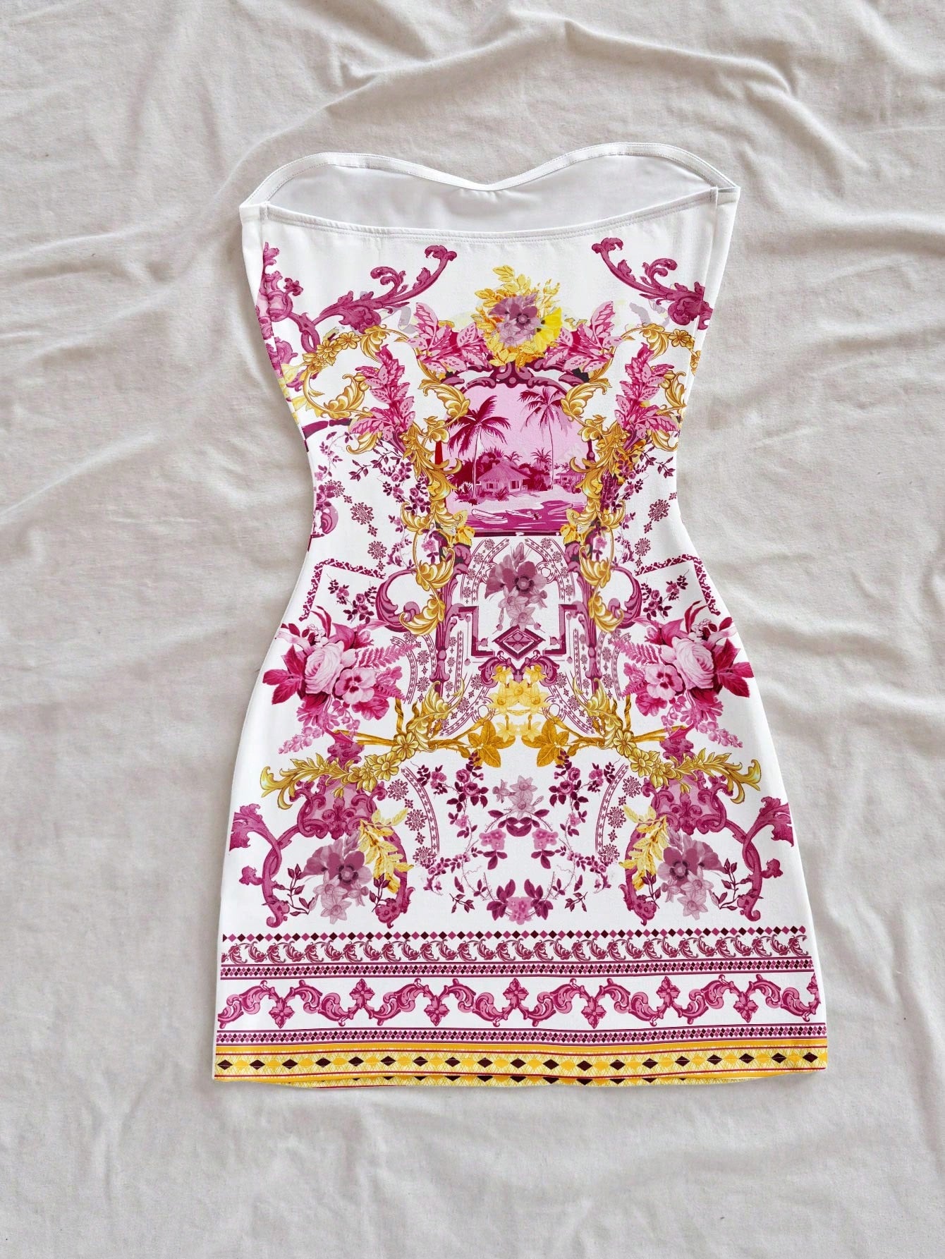 Soleia Women's Strapless White And Gold Knitted Mini Dress,Elegant Sexy Jamaican Tropical Baroque Scenic Print,Sleeveless Summer Flared Holiday Vacation Chic