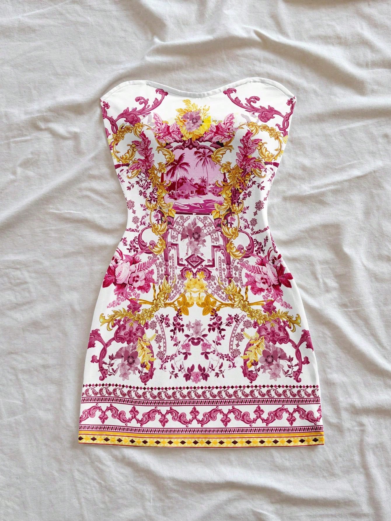 Soleia Women's Strapless White And Gold Knitted Mini Dress,Elegant Sexy Jamaican Tropical Baroque Scenic Print,Sleeveless Summer Flared Holiday Vacation Chic
