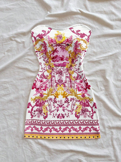Soleia Women's Strapless White And Gold Knitted Mini Dress,Elegant Sexy Jamaican Tropical Baroque Scenic Print,Sleeveless Summer Flared Holiday Vacation Chic