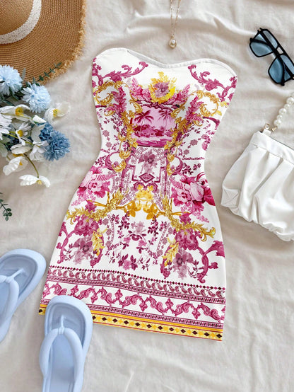 Soleia Women's Strapless White And Gold Knitted Mini Dress,Elegant Sexy Jamaican Tropical Baroque Scenic Print,Sleeveless Summer Flared Holiday Vacation Chic
