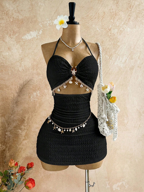 Soleia Women's V-Neck Starfish Metal Decor Tie-Neck Backless Textured Fabric A-Line Hollow Mini Black Summer Casual Holiday Vacation,,No Chest Padding