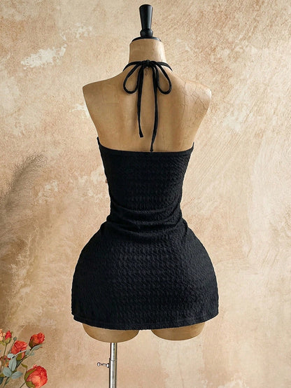 Soleia Women's V-Neck Starfish Metal Decor Tie-Neck Backless Textured Fabric A-Line Hollow Mini Black Summer Casual Holiday Vacation,,No Chest Padding