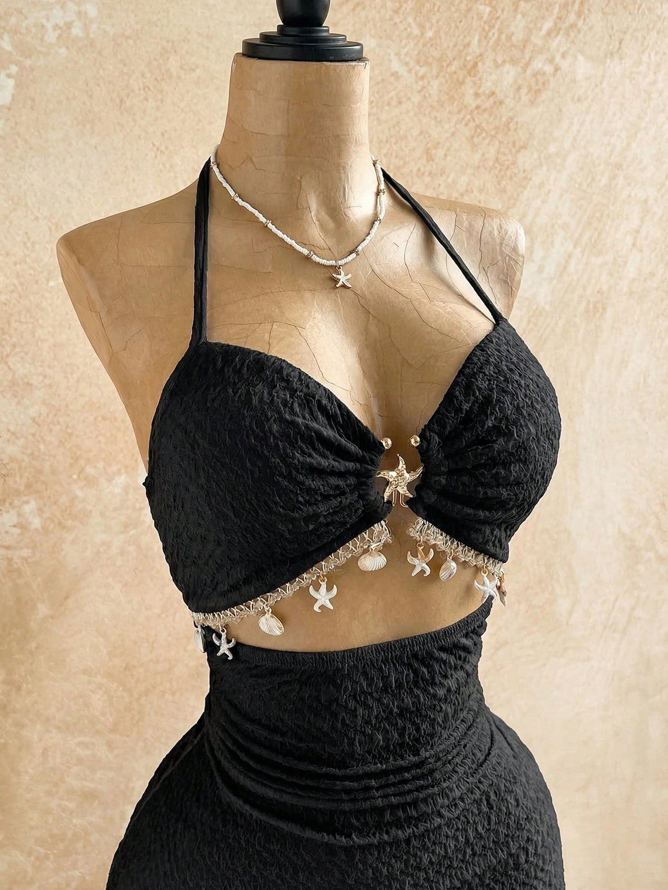 Soleia Women's V-Neck Starfish Metal Decor Tie-Neck Backless Textured Fabric A-Line Hollow Mini Black Summer Casual Holiday Vacation,,No Chest Padding