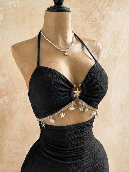 Soleia Women's V-Neck Starfish Metal Decor Tie-Neck Backless Textured Fabric A-Line Hollow Mini Black Summer Casual Holiday Vacation,,No Chest Padding