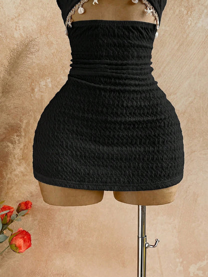 Soleia Women's V-Neck Starfish Metal Decor Tie-Neck Backless Textured Fabric A-Line Hollow Mini Black Summer Casual Holiday Vacation,,No Chest Padding