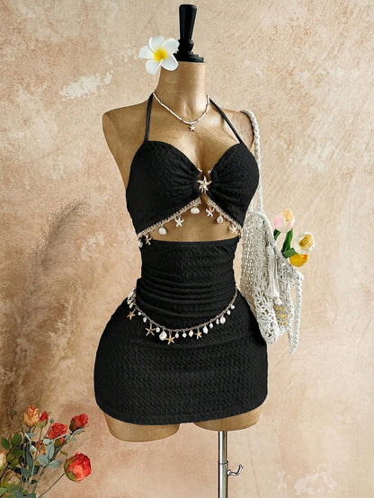 Soleia Women's V-Neck Starfish Metal Decor Tie-Neck Backless Textured Fabric A-Line Hollow Mini Black Summer Casual Holiday Vacation,,No Chest Padding