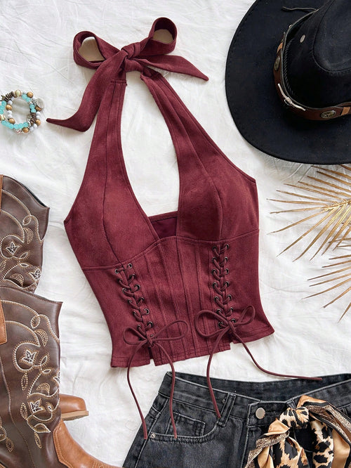 Soleia Women's V-Neck Tie-Up Suede Deconstructed Vest,Burgundy,Summer,Country Western,Concert Bohemian Music Festival Nightclub No Chest Padding Top