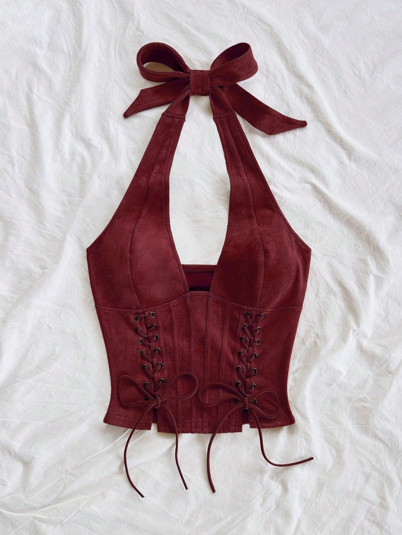 Soleia Women's V-Neck Tie-Up Suede Deconstructed Vest,Burgundy,Summer,Country Western,Concert Bohemian Music Festival Nightclub No Chest Padding Top